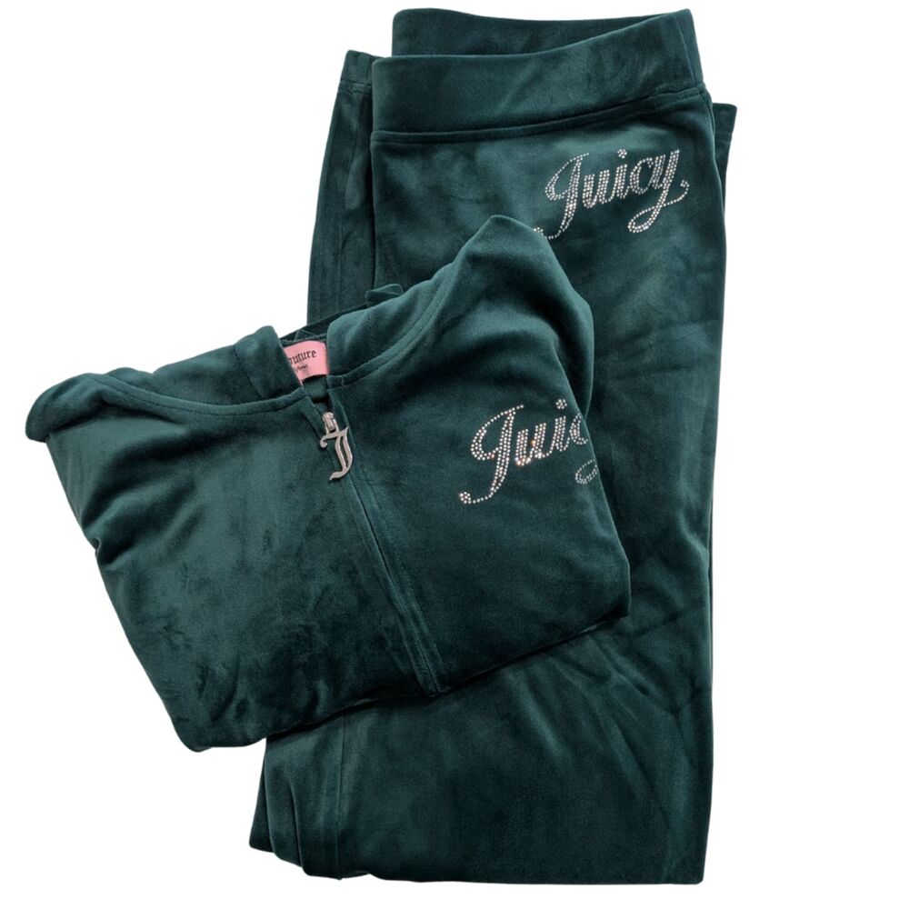 💚 Juicy Couture Velour Tracksuit Set Green Rhinestone Y2K